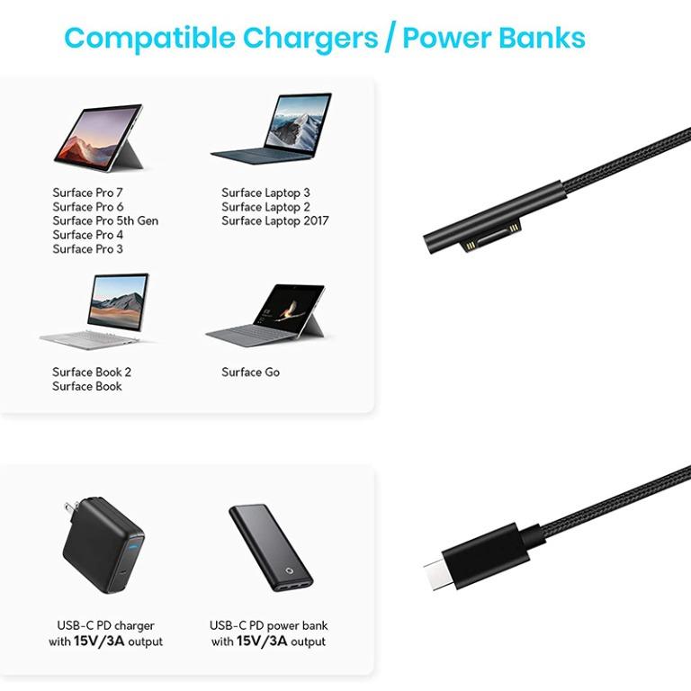 nexusbay Microsoft Surface Pro X/8/7/6/5/4/3/GO/BOOK Laptop 1/2 USB Type C  15V PD Charging Cable + Power bank, Computers & Tech, Laptops & Notebooks  on Carousell