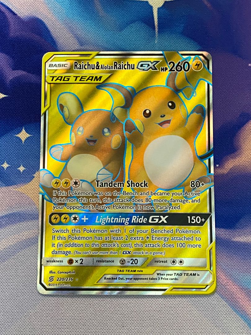 Raichu and Alolan Raichu GX Tag team Full Art 220/236 Pokémon Card, Hobbies & Toys, Toys & Games