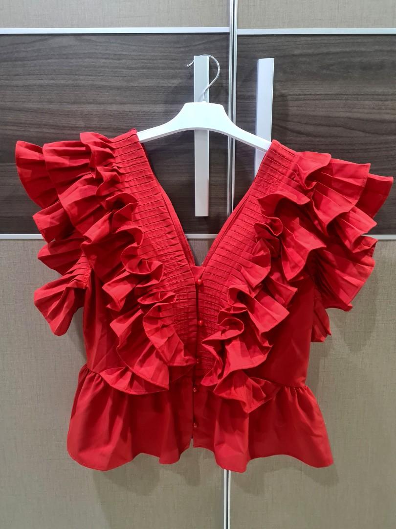 Red Ruffle Top, Fesyen Wanita, Pakaian Wanita, Atasan di Carousell