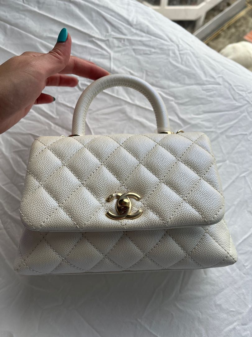 White Quilted Caviar Mini Coco Top Handle Flap Bag Pale Gold