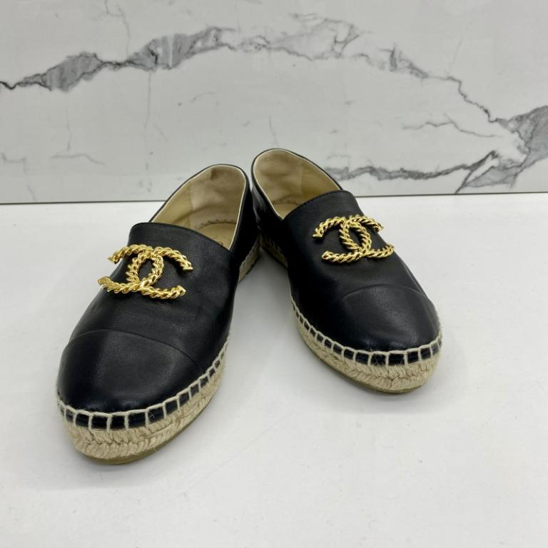 CHANEL ESPADRILLES BLACK WITH GOLD LOGO SIZE38 227014033