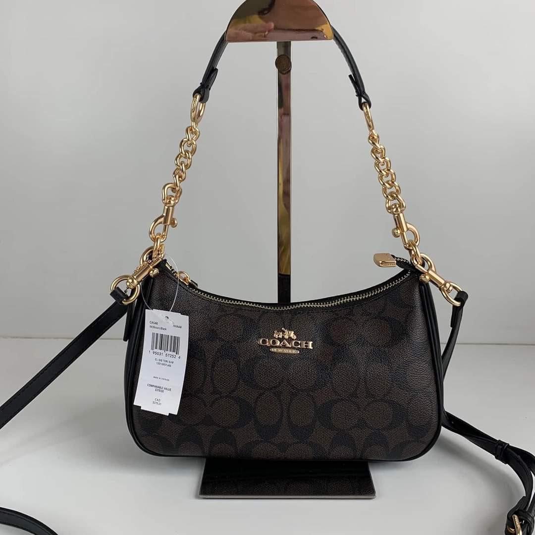 Coach Teri Shoulder Bag in Signature Canvas Darkbrown / Black, Women's