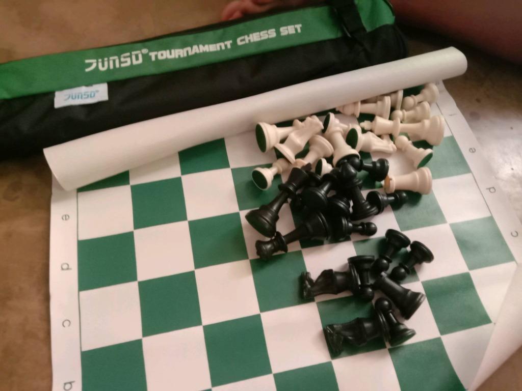 Junso Tournament Chess Mat (Category: Board Games & Puzzles) located in Manila. Submitted by ariesmediamusicsports (Listing ID 1169181334, Image 3). Description: This set meets World Chess Federation's height, weight and proportions standards for tournament play Pieces have green felted bottoms The green and cream vinyl roll-up board with 2.25 inch squares includes algebraic notation for game analysis Every set is made of best quality plastic and