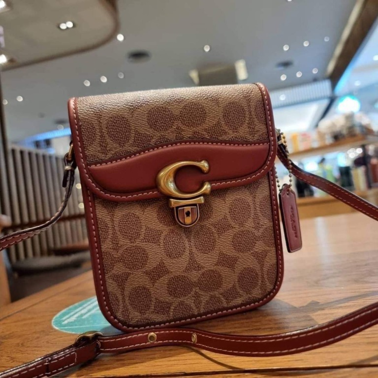 Original Coach Tall Studio Crossbody Bag In Signature Canvas C8484 Tan/Rust, Women's Fashion