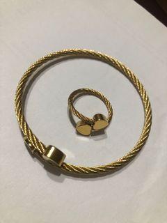 Stainless Adjustable Gold Heart Bracelet Ring Set