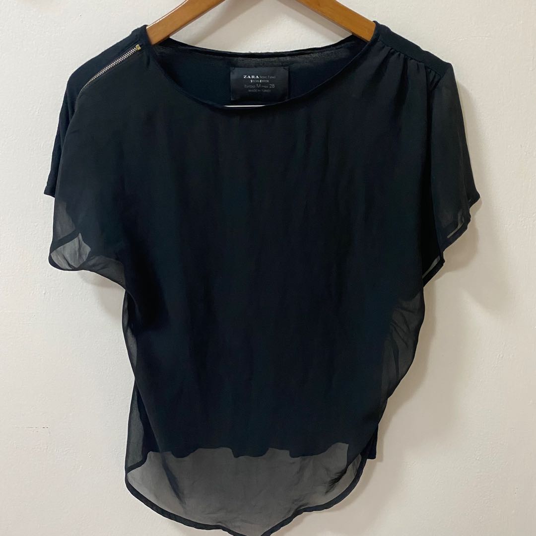 Zara black chiffon cotton top 