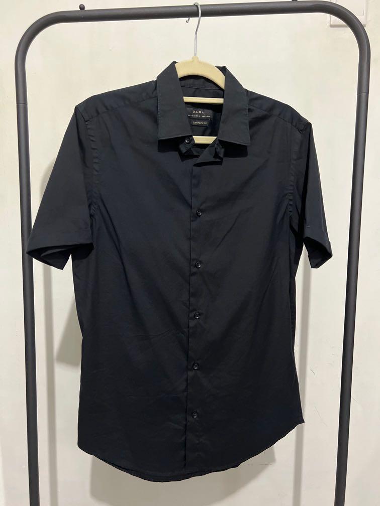Zara Mens Super Slim fit button up short sleeve shirt black, Men's Fashion,  Tops & Sets, Tshirts & Polo Shirts on Carousell