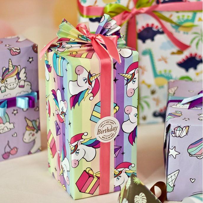 5pcs Glossy Coated Unicorn Gift Wrapper (Category: Craft Supplies & Tools) located in Malabon City. Submitted by heyitskhen (Listing ID 1169254008, Image 1). Description: Size: 70*50cm Thickness: 100g Material: coated paper , no glue on the back location: malabon city mop; GCASH AND COD.