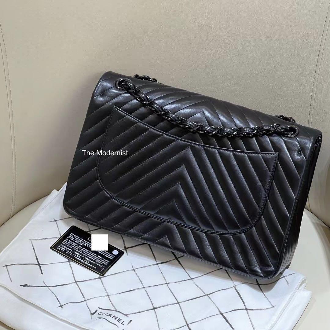 Authentic Chanel So Black Chevron Jumbo Double Flap