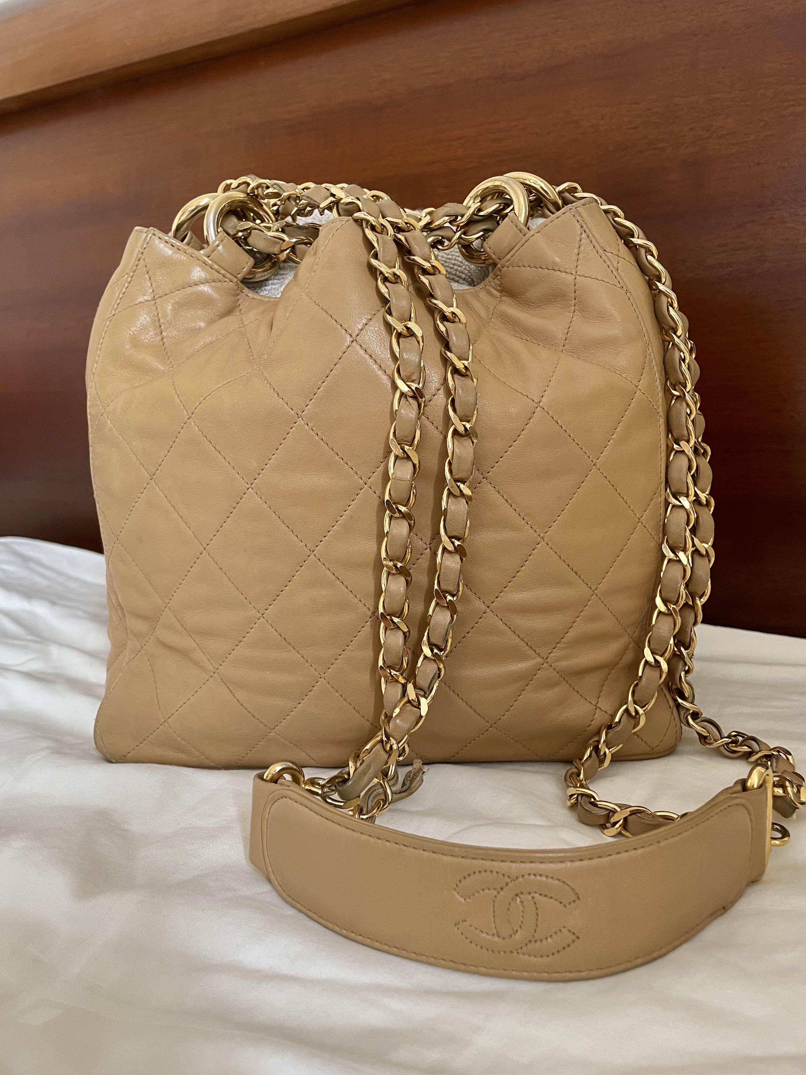 Authentic Vintage Chanel Dark Beige Caramel Gold Chain Bucket Bag