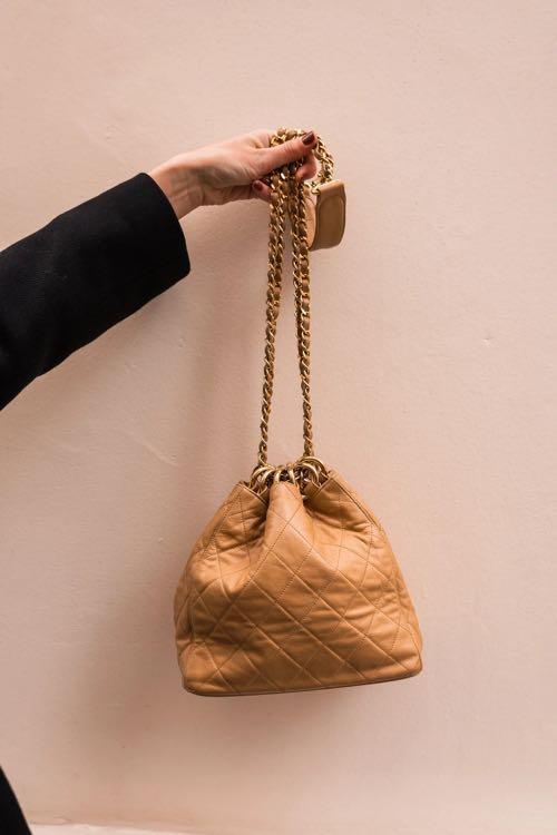 Authentic Vintage Chanel Dark Beige Caramel Gold Chain Bucket Bag, Luxury,  Bags & Wallets on Carousell