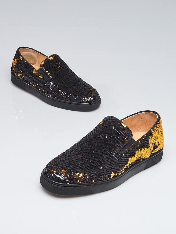 CHRISTIAN LOUBOUTIN Black Gold Sequin Boat Slip On Sneakers Size 43