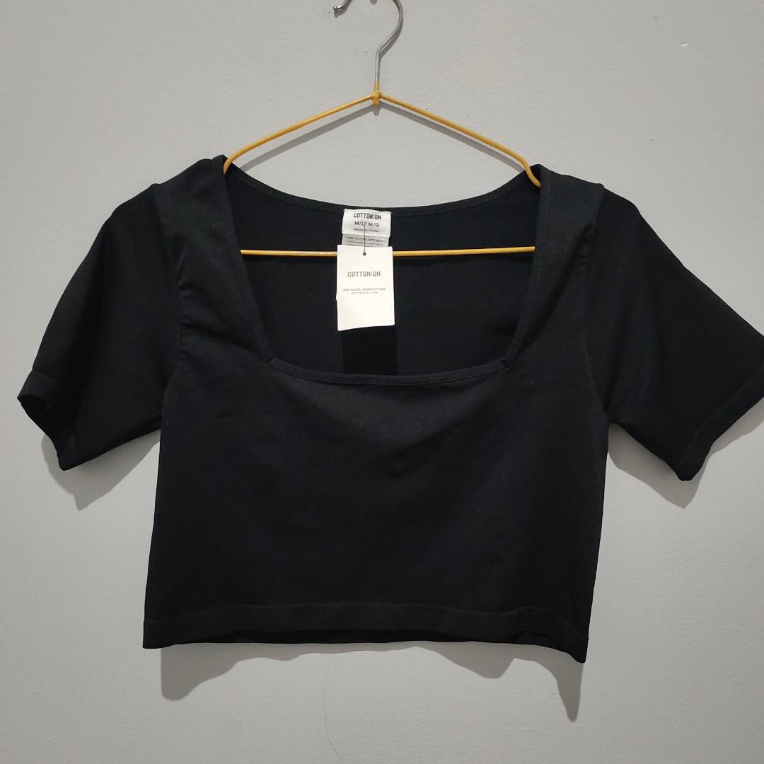 Cotton on black crop top hitam square neck
