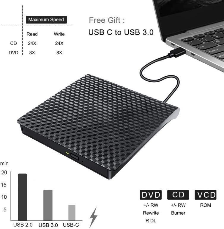 External CD DVD Drive USB 3.0 USB Type C, Portable USB C External DVD RW Burner Optical