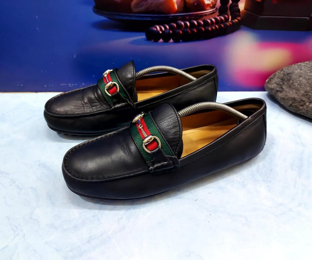 Gucci 431063 Black Signature Driver Leather Loafers Size Uk 6