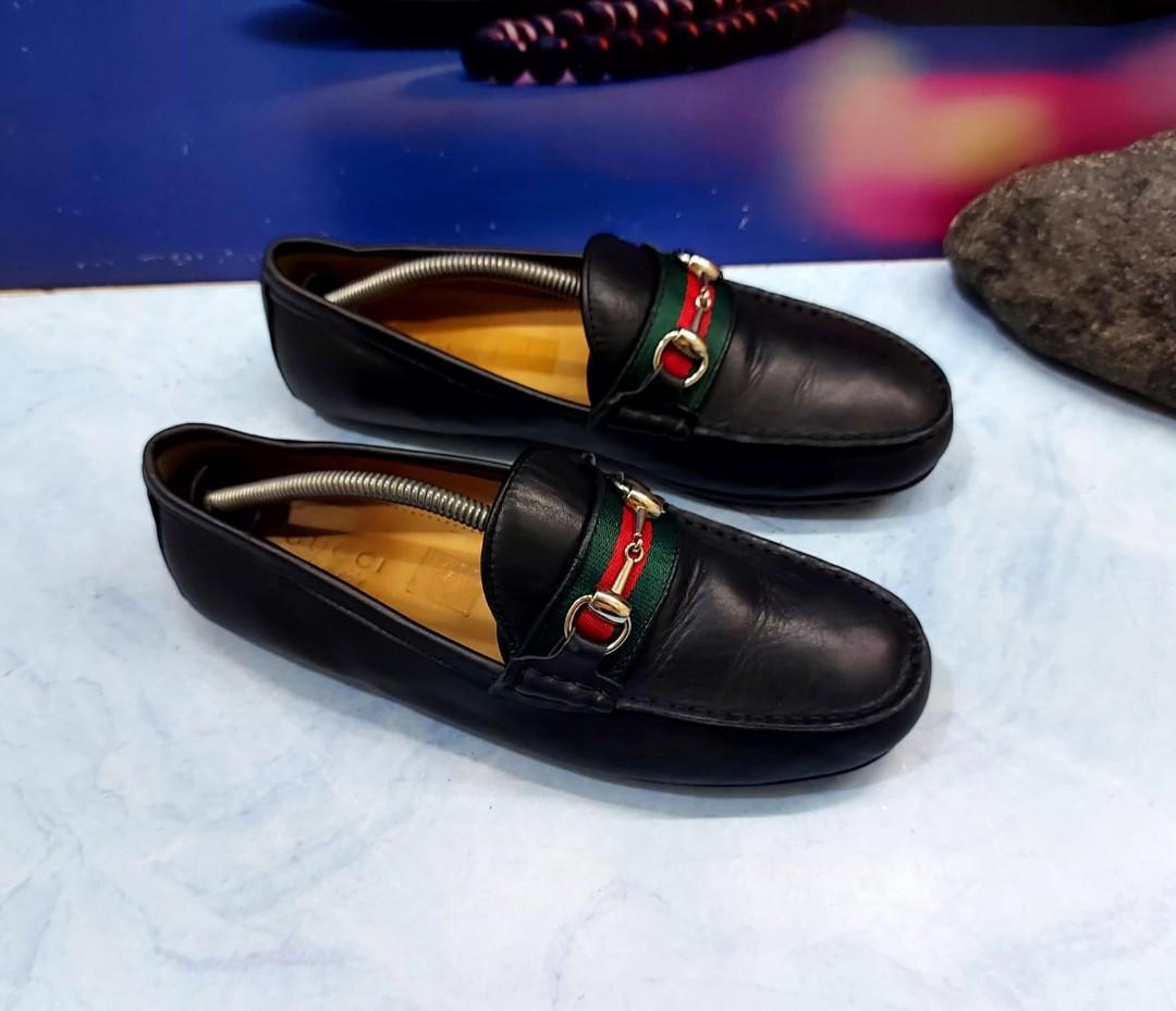 Gucci 431063 Black Signature Driver Leather Loafers Size Uk 6