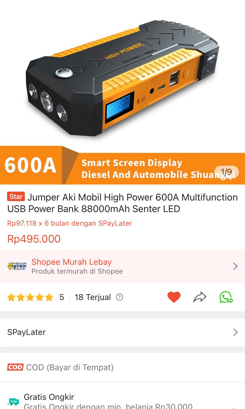 JUMPER AKI MOBIL HIGH POWER 600A Multifunction, USB Power Bank, Senter
