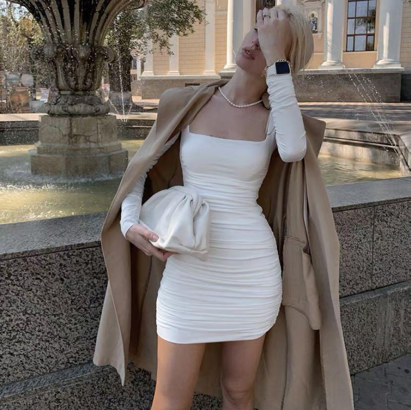 White long on sale sleeve ruched dress