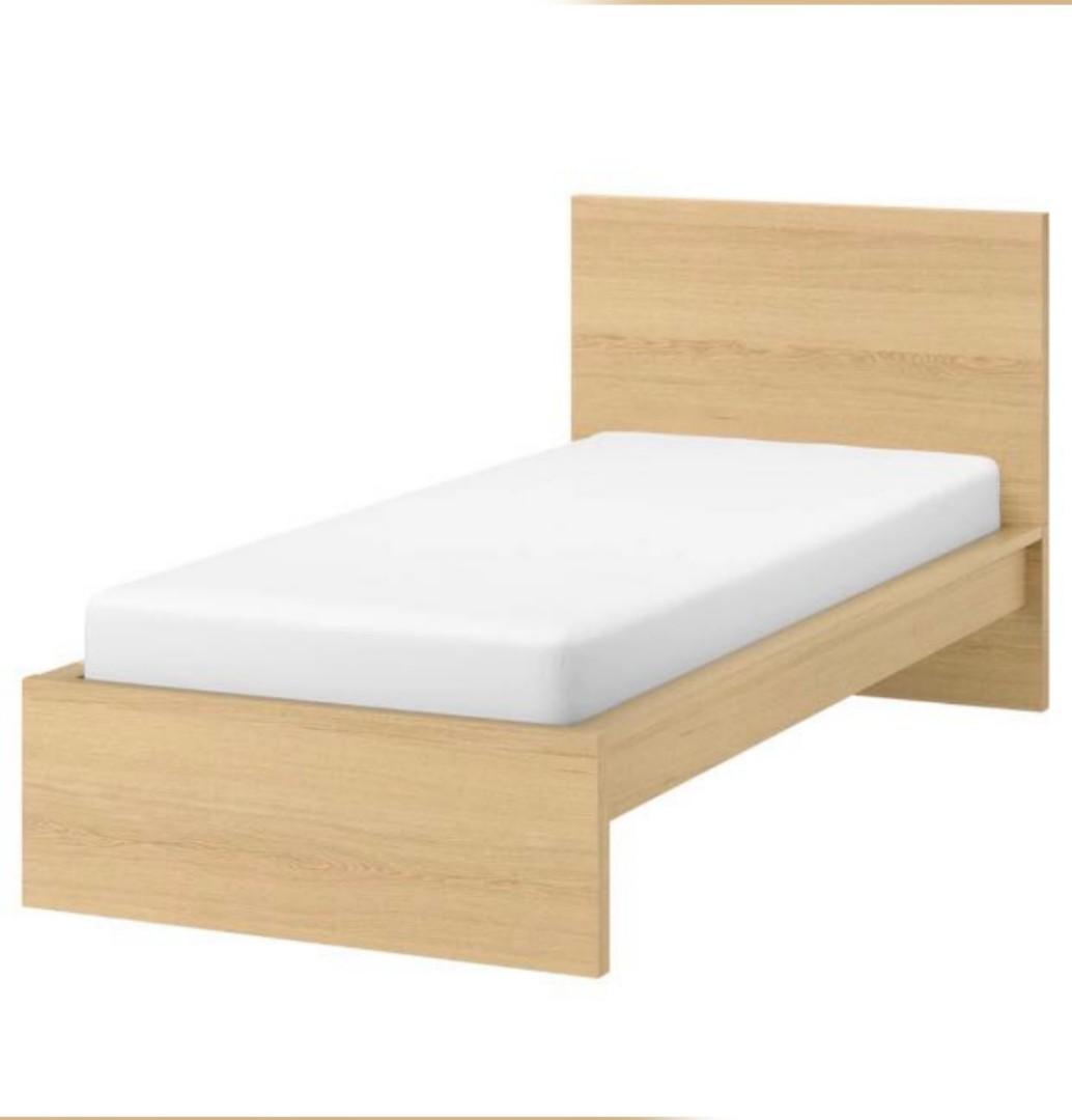 MALM Bed frame, high, white stained oak veneer90x200 + SULTAN Mattress