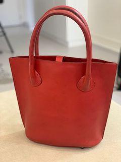 Red leather tote bag