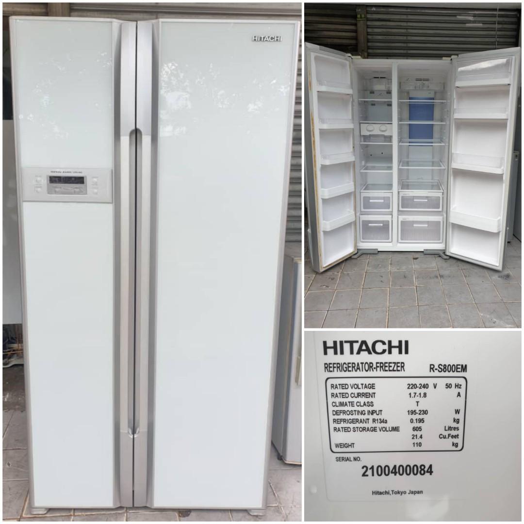 Used Hitachi 2 side by side glass doors fridge 605L, refrigerator peti