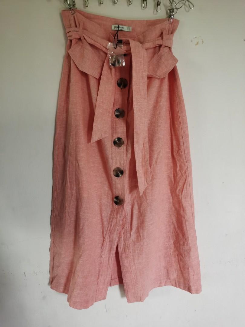 Stradivarius button front midi skirt with 2025 bow in pink
