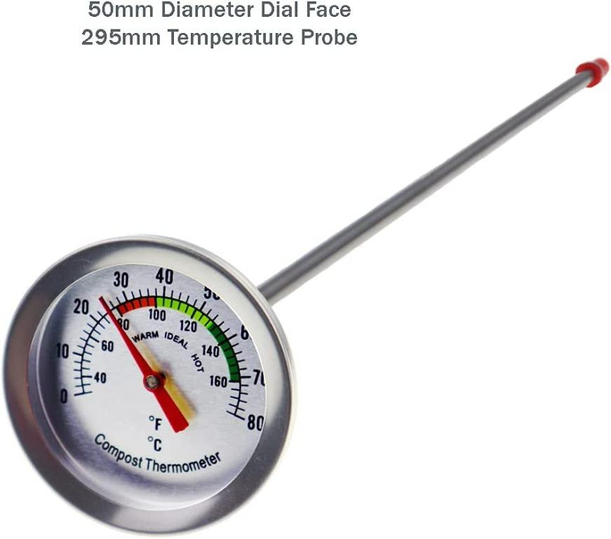 Compost Thermometer Stainless Steel Dial - Ideal Composting Soil  Thermometer with 50MM Diameter C and F Dial and 295MM Compost Temperature  Gauge Probe