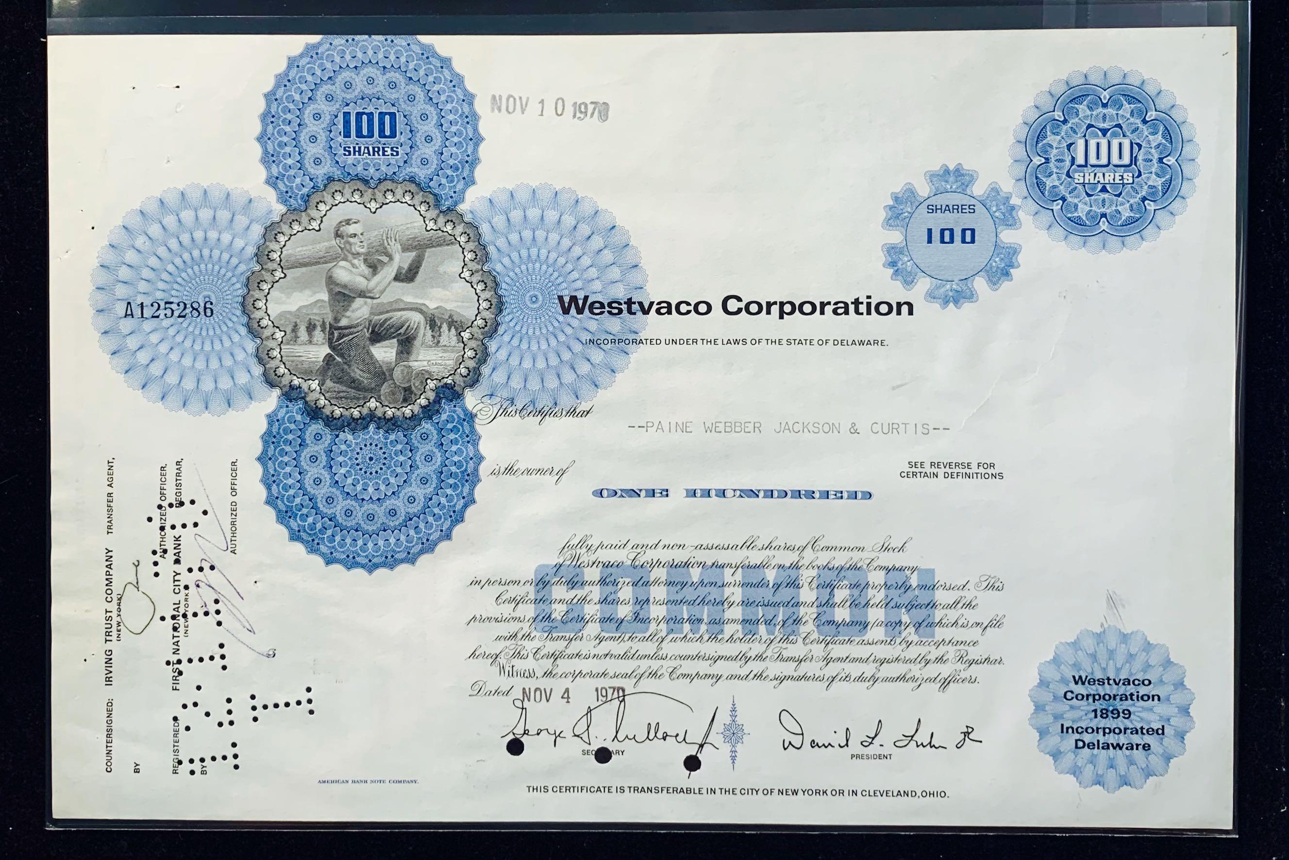 Stock certificate Westvaco Corporation 100 Shares State of Delaware 