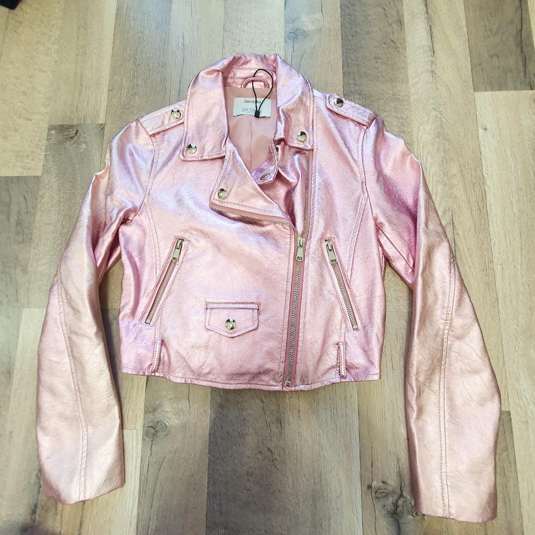 BERSHKA Pink Leather Jacket Fesyen Wanita Pakaian Wanita Baju Luaran di Carousell