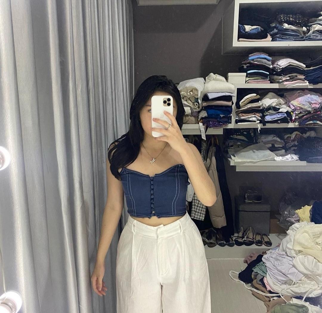 Blue denim bustier top, Fesyen Wanita 