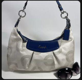 COACH Ashley Dotted Op Art Convertible Hobo Bag- Khaki Denim Blue Patent Leather