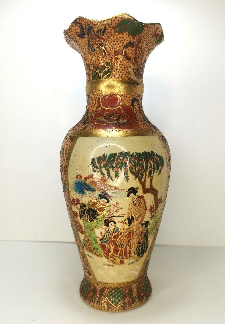 Handpainted Satsuma Style Vase Asian Themed Vase Floral Themed Vase