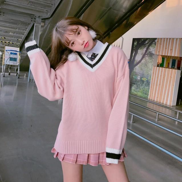 Korean Style V Neck Pink Knitted Long Sleeve Sweater SayaJual