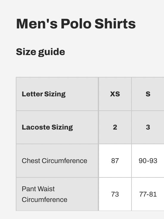 Lacoste mens polo size guide sales