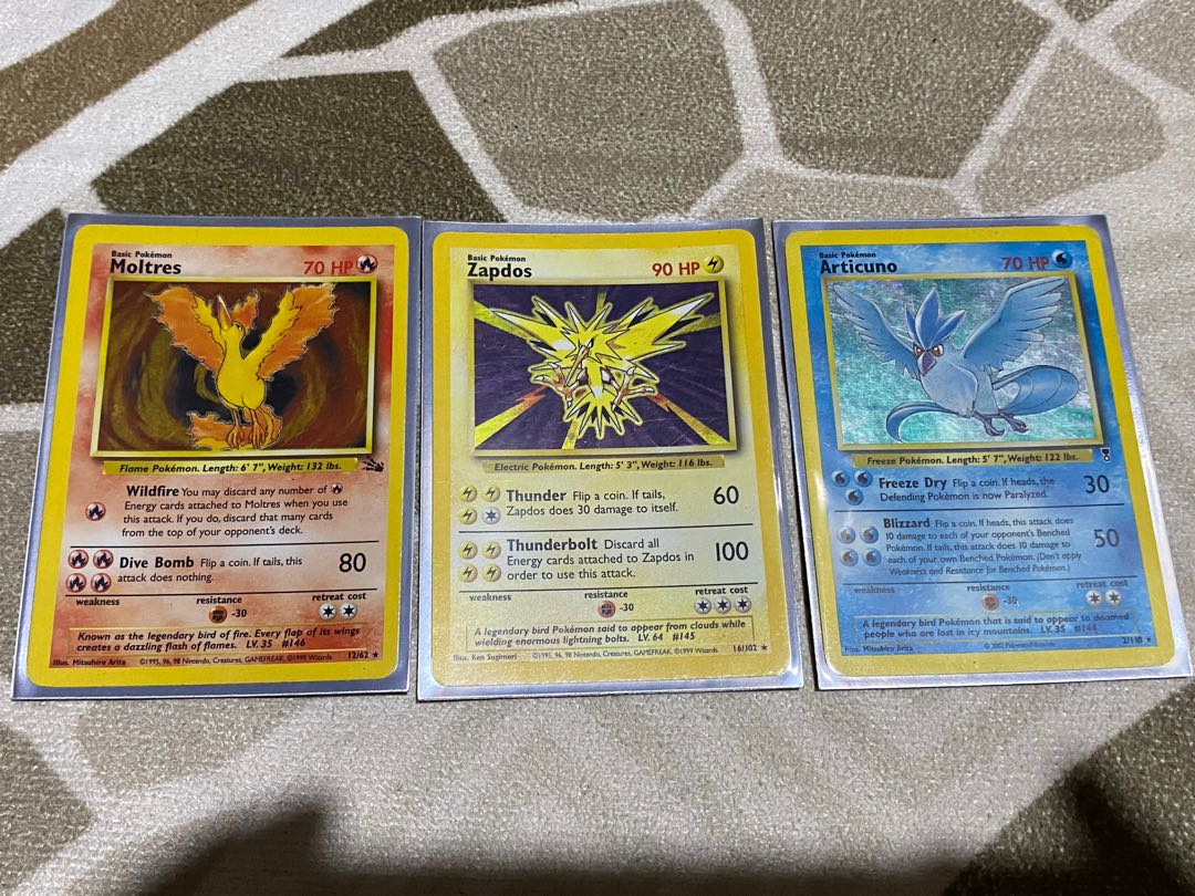 Pokemon base set zapdos articuno moltres holo, Hobbies & Toys, Toys