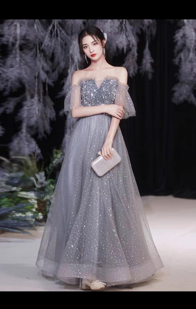 Sale grey silver glitter party wedding dinner dress gown large