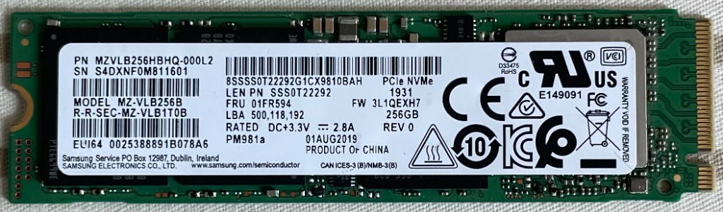 Samsung M2 SSD 256GB PM981a NVMe, 電腦＆科技, 電腦周邊及配件, 硬碟