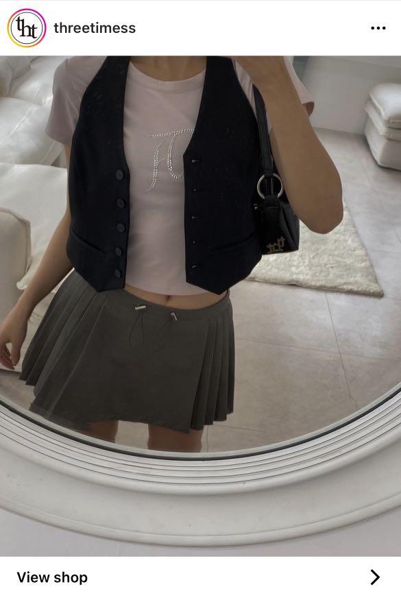 全新韓國threetimes y2k 黑色尼龍真牛皮小手袋法棍包korean brand