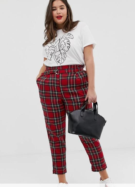 Red tartan online paper bag trousers