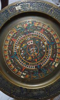Vintage Mexican Brass Metal Hand Painted Tray Wall Art