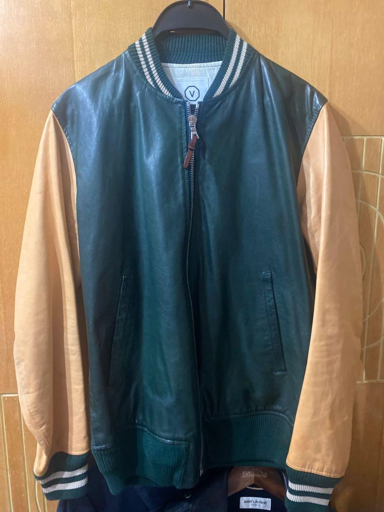 Visvim veg tan leather varsity jacket gold green, 男裝, 外套