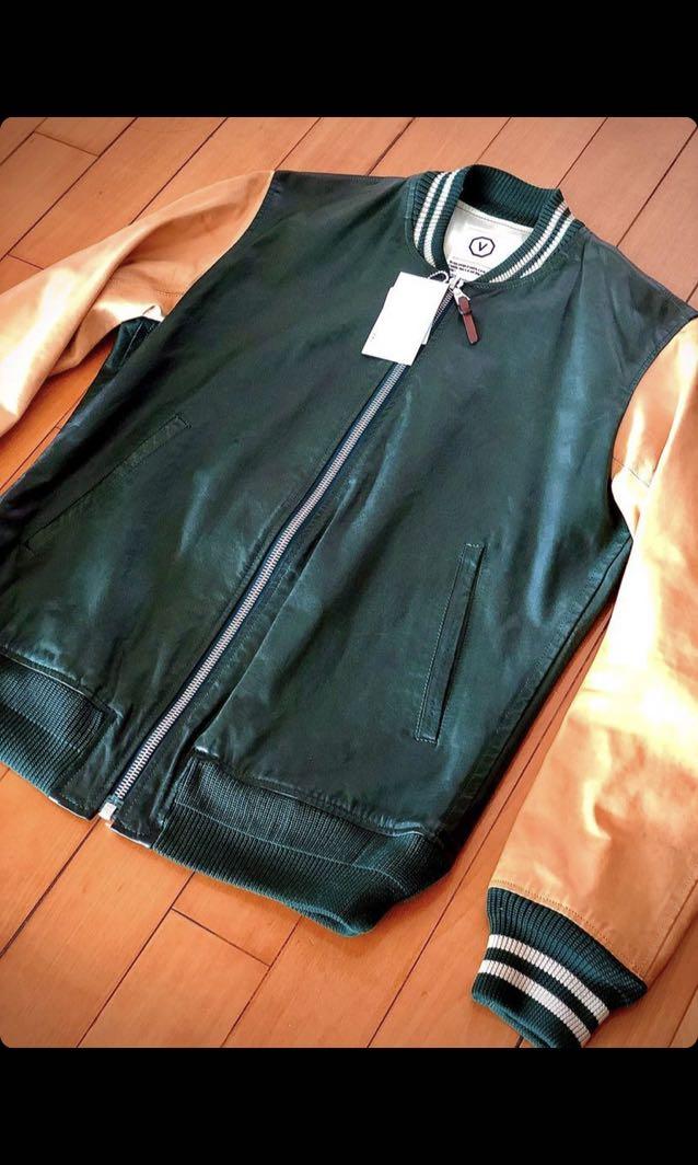 Visvim veg tan leather varsity jacket gold green, 男裝, 外套