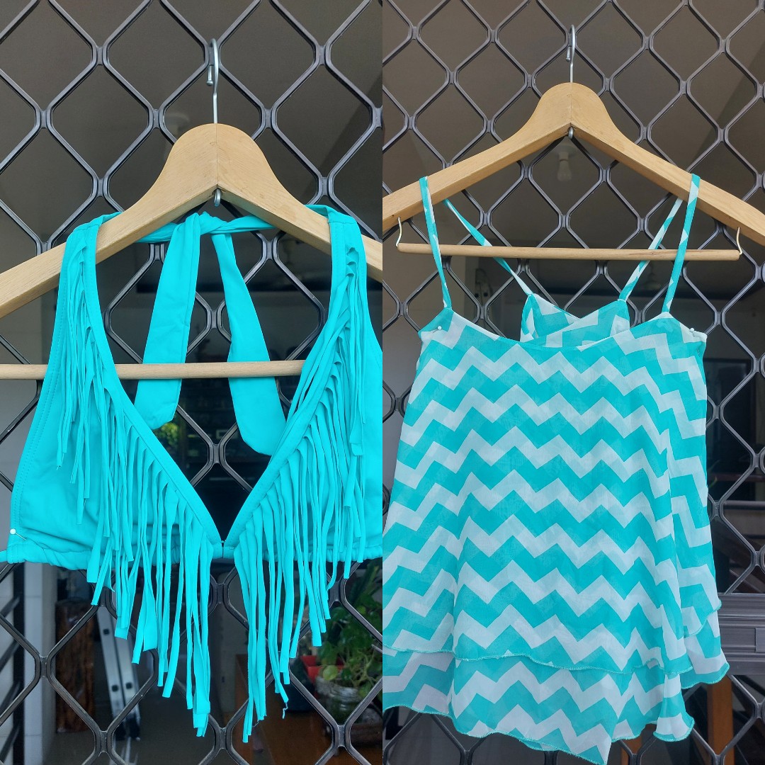 Set Teal Blue Green Fringe Bikini top and Cover up, Women's Fashion