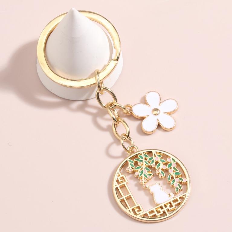 4pcs Cute Animal Keychain Flower Moon Cat Key Ring Enamel Key