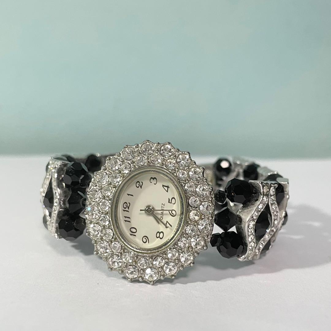 Beaded watch black white gem stones rhinestone crystal monochrome
