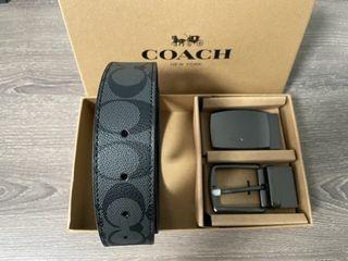 (In Stock) COACH Men Reversible Signature Canvas/Leather Belt Gift Set -Black