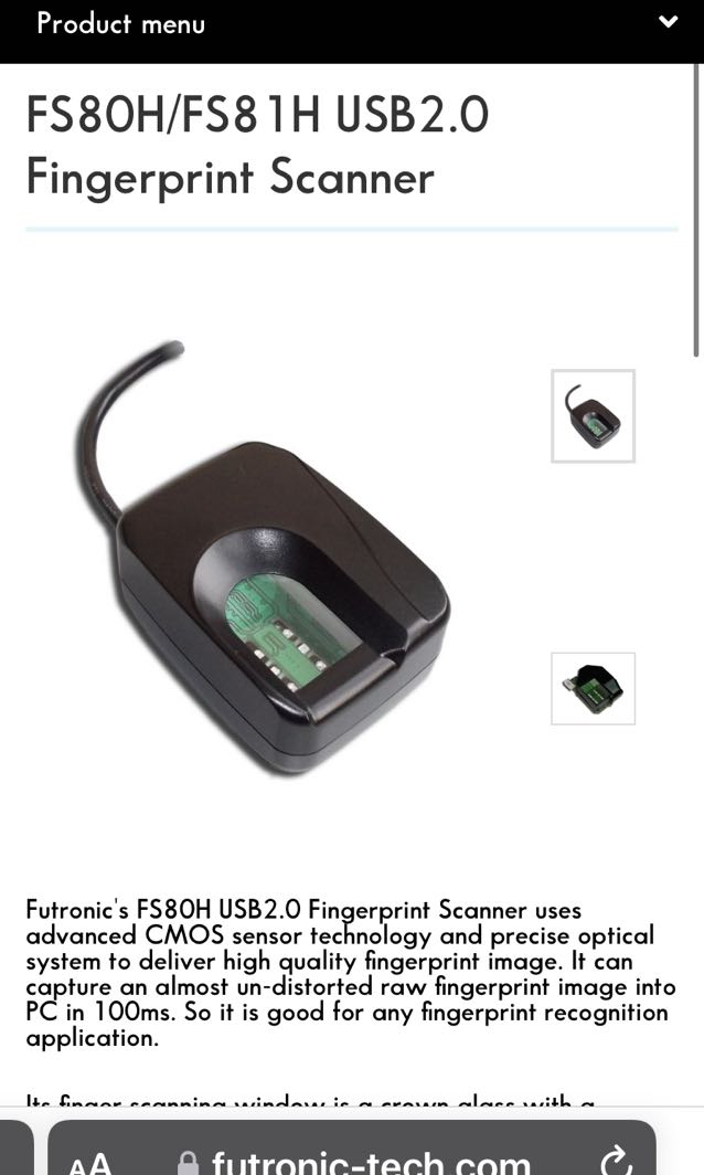 Futronic USB fingerprint scanner, TV & Home Appliances, Electrical