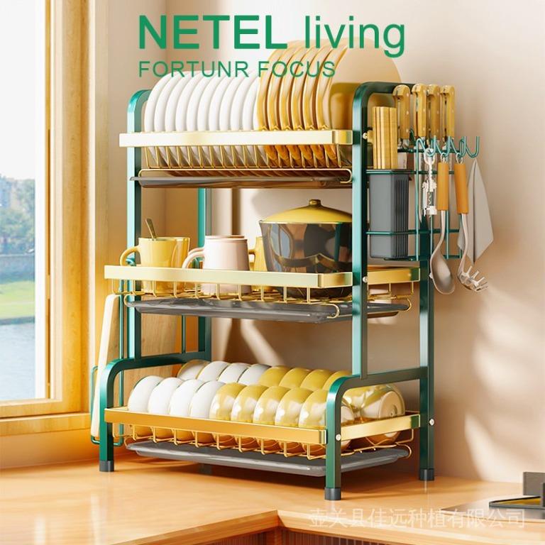  3-Tier Dish Drying Rack, Stainless Steel Dish Racks for  Kitchen Counter, Dish Drainers with Knife Holder, Hooks, Kitchen Supplies  Storage Shelf, with Drain Pan (63cm)