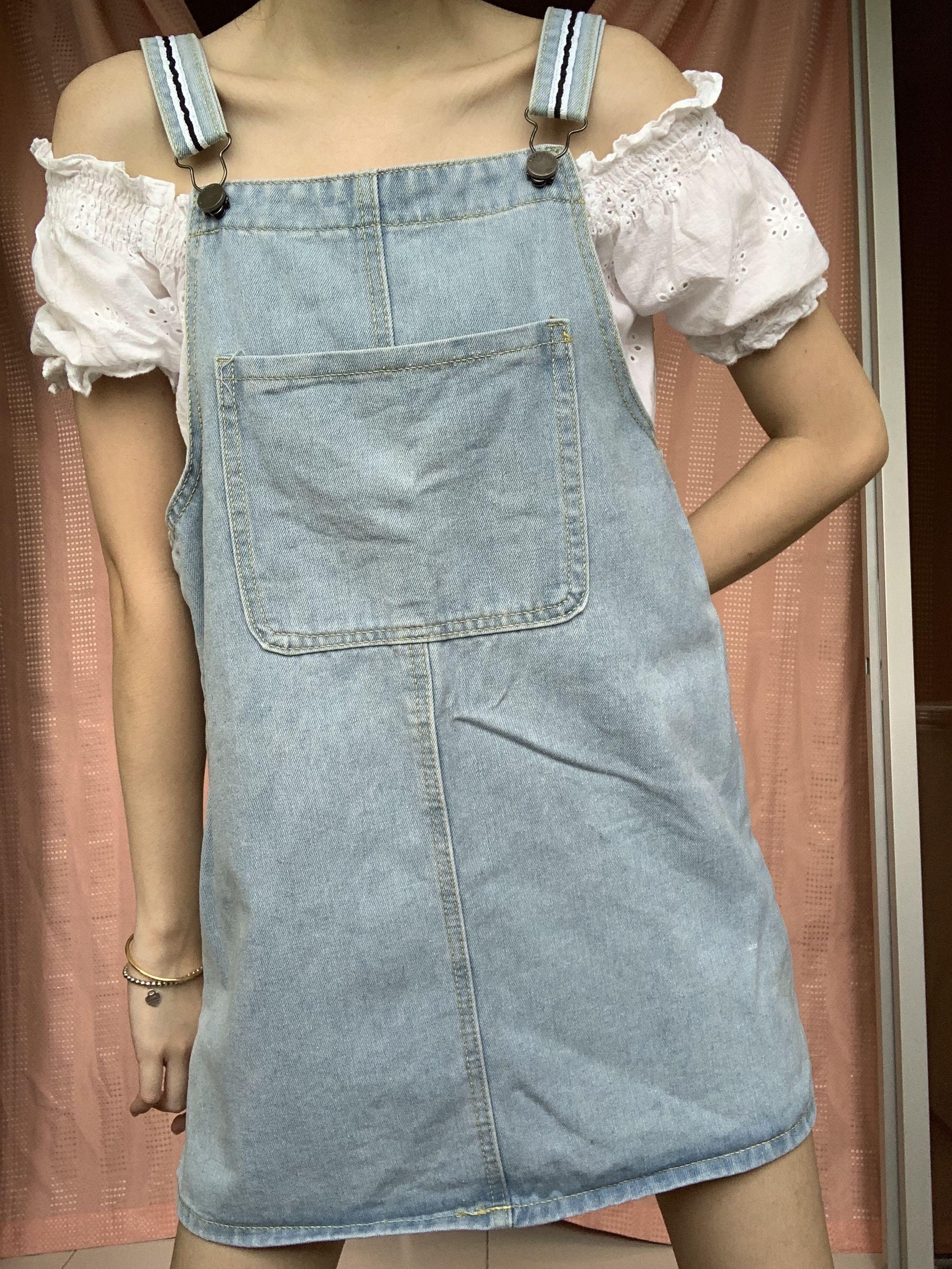 Light denim pinafore dress, Women's 