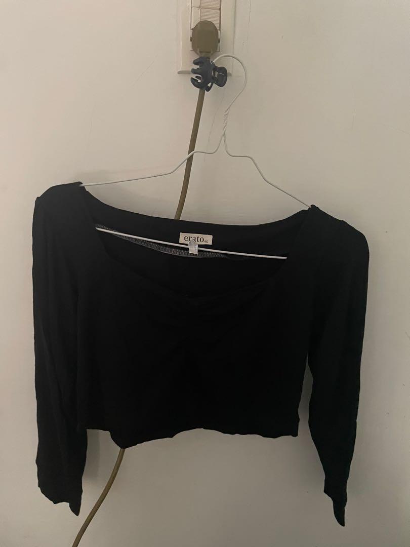 long sleeve black crop top, Fesyen 